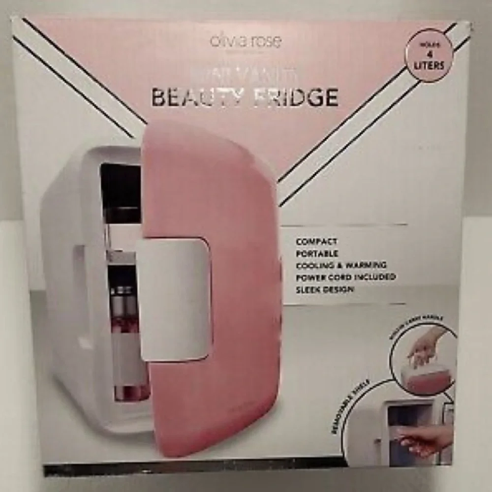 Olivia Rose Tal Portable Vanity Fridge Pink, Cools/Warms Facial Treatments/Sodas